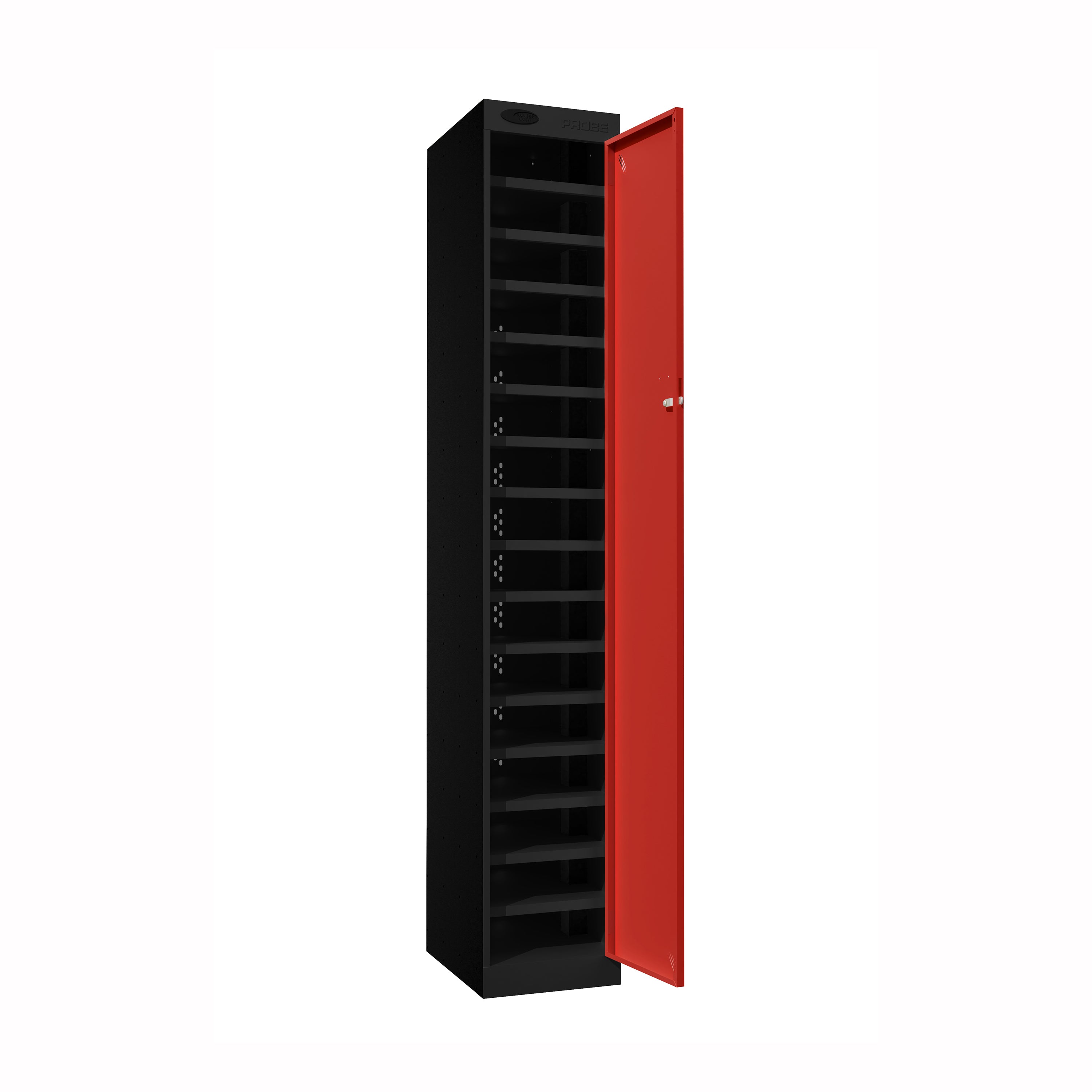 Probe PowerBox Locker — 16 Door, Flat Top, 3-Pin UK Mains Charging — Black Carcass / Red Doors