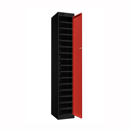 Probe PowerBox Locker — 16 Door, Flat Top, 3-Pin Mains + USB-A + USB-C Charging — Black Carcass / Red Doors