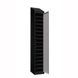 Probe PowerBox Locker — 16 Door, Sloping Top, 3-Pin UK Mains Charging — Black Carcass / Silver Doors