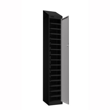 Probe PowerBox Locker — 16 Door, Sloping Top, USB-A + USB-C Charging — Black Carcass / Silver Doors