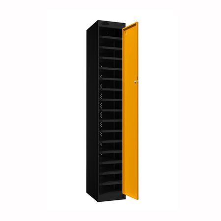 Probe PowerBox Locker — 16 Door, Flat Top, 3-Pin UK Mains Charging — Black Carcass / Yellow Doors