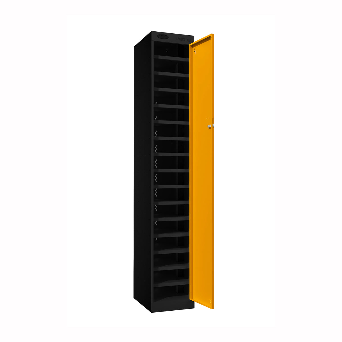 Probe PowerBox Locker — 16 Door, Flat Top, USB-A + USB-C Charging — Black Carcass / Yellow Doors