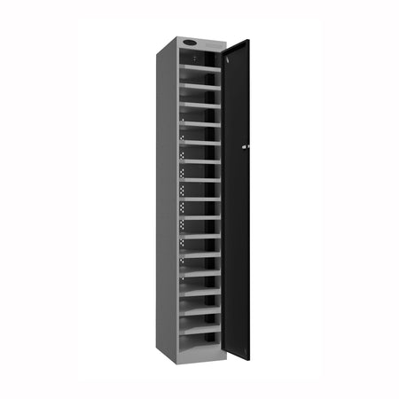 Probe PowerBox Locker — 16 Door, Flat Top, 3-Pin UK Mains Charging — Silver Carcass / Black Doors