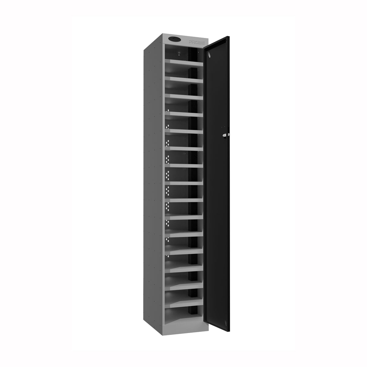 Probe PowerBox Locker — 16 Door, Flat Top, 3-Pin Mains + USB-A + USB-C Charging — Silver Carcass / Black Doors