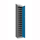 Probe PowerBox Locker — 16 Door, Sloping Top, 3-Pin UK Mains Charging — Silver Carcass / Blue Doors