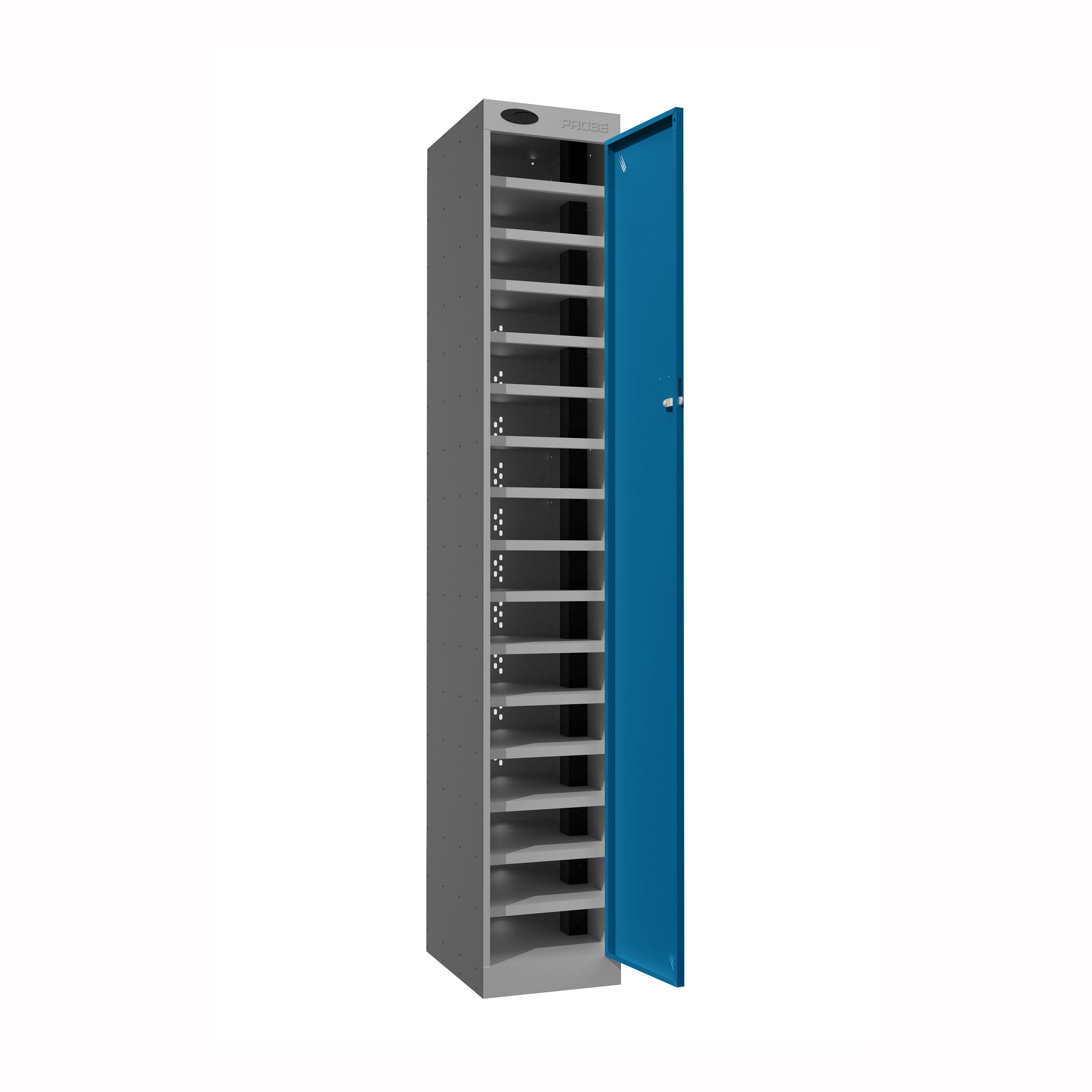 Probe PowerBox Locker — 16 Door, Flat Top, 3-Pin UK Mains Charging — Silver Carcass / Blue Doors