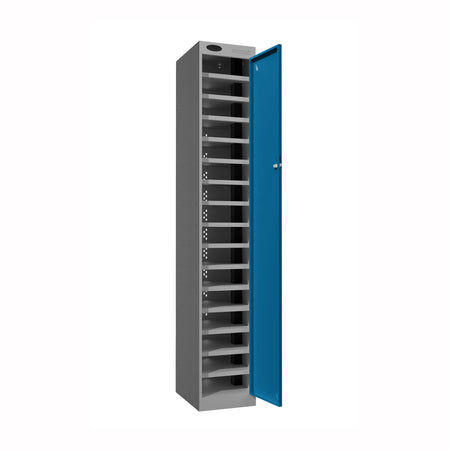 Probe PowerBox Locker — 16 Door, Flat Top, 3-Pin UK Mains Charging — Silver Carcass / Blue Doors