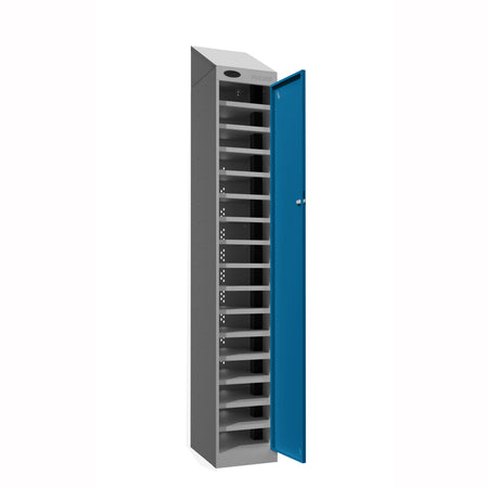Probe PowerBox Locker — 16 Door, Sloping Top, USB-A + USB-C Charging — Silver Carcass / Blue Doors
