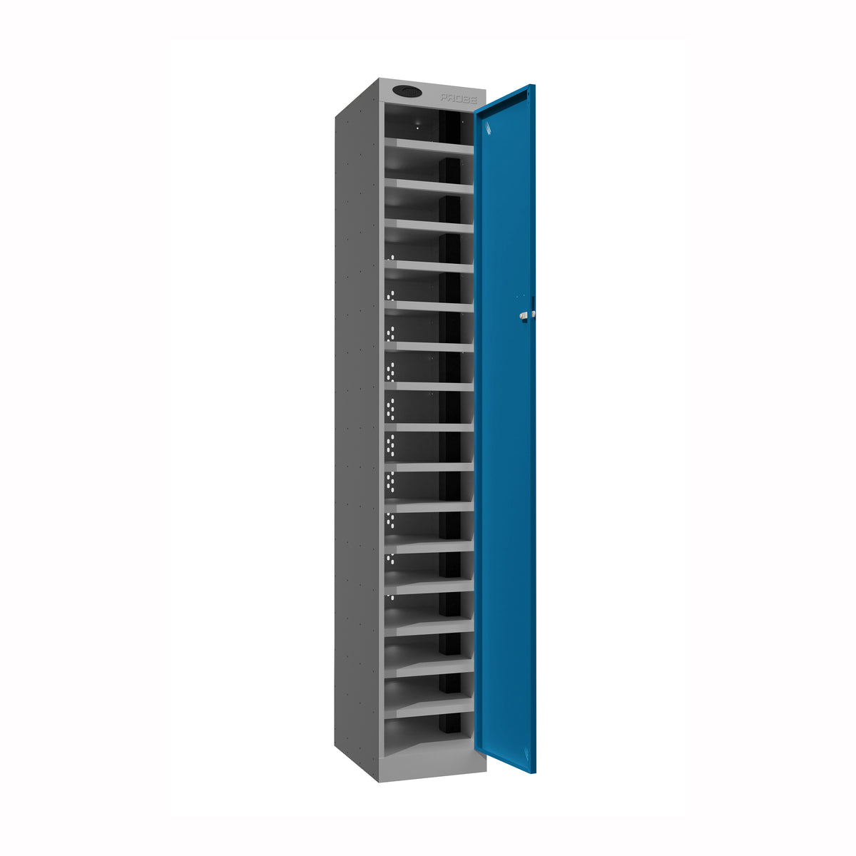 Probe PowerBox Locker — 16 Door, Flat Top, 3-Pin Mains + USB-A + USB-C Charging — Silver Carcass / Blue Doors