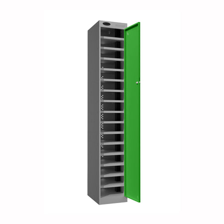Probe PowerBox Locker — 16 Door, Flat Top, 3-Pin UK Mains Charging — Silver Carcass / Green Doors