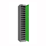 Probe PowerBox Locker — 16 Door, Flat Top, USB-A + USB-C Charging — Silver Carcass / Green Doors