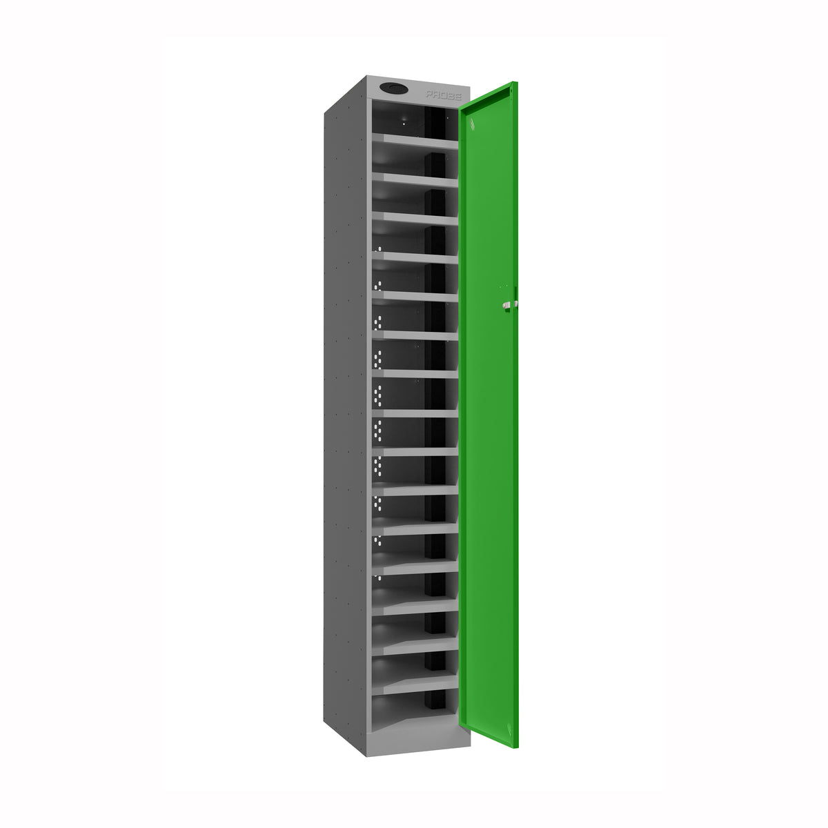 Probe PowerBox Locker — 16 Door, Flat Top, 3-Pin Mains + USB-A + USB-C Charging — Silver Carcass / Green Doors