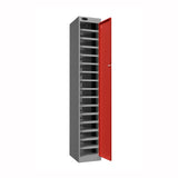 Probe PowerBox Locker — 16 Door, Flat Top, 3-Pin UK Mains Charging — Silver Carcass / Red Doors