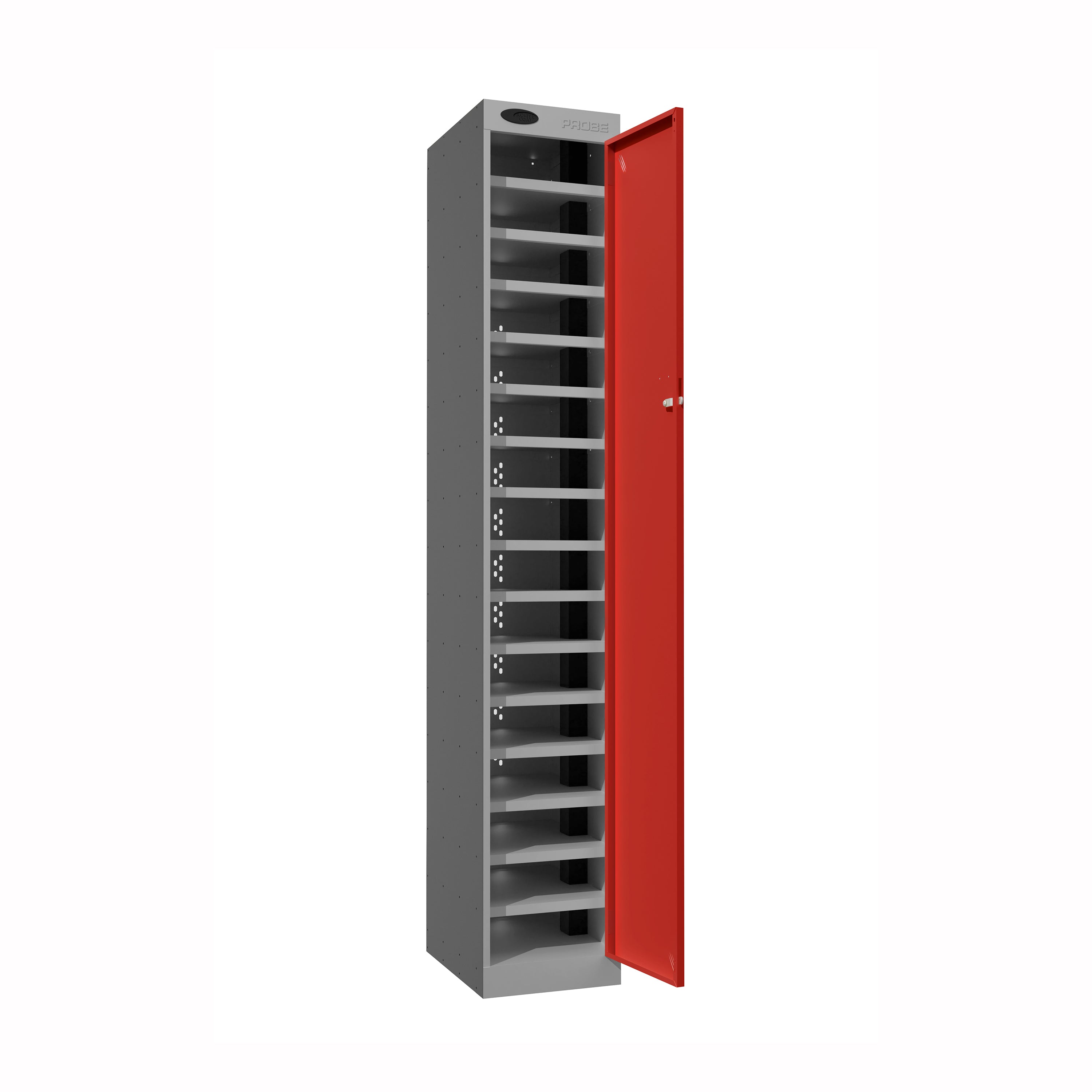 Probe PowerBox Locker — 16 Door, Flat Top, 3-Pin UK Mains Charging — Silver Carcass / Red Doors