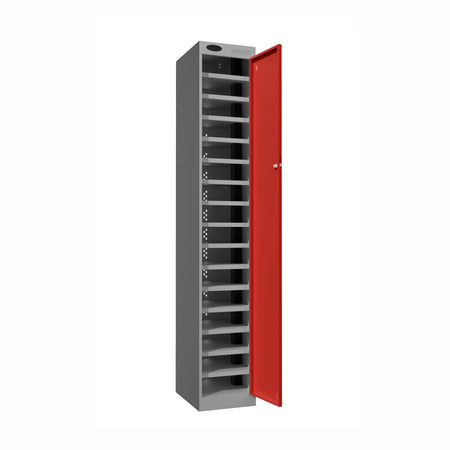 Probe PowerBox Locker — 16 Door, Flat Top, USB-A + USB-C Charging — Silver Carcass / Red Doors