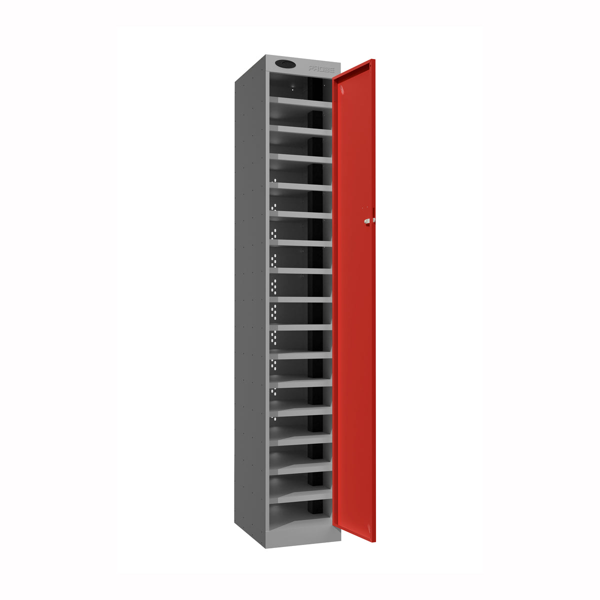 Probe PowerBox Locker — 16 Door, Flat Top, 3-Pin Mains + USB-A + USB-C Charging — Silver Carcass / Red Doors