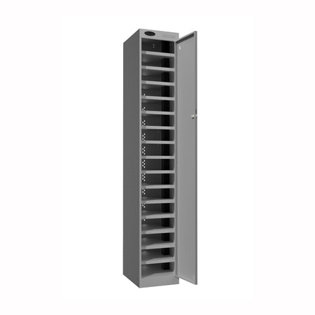 Probe PowerBox Locker — 16 Door, Flat Top, 3-Pin UK Mains Charging — Silver Carcass / Silver Doors