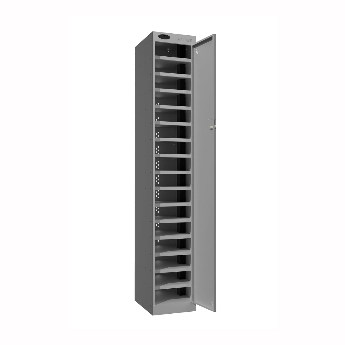 Probe PowerBox Locker — 16 Door, Flat Top, USB-A + USB-C Charging — Silver Carcass / Silver Doors