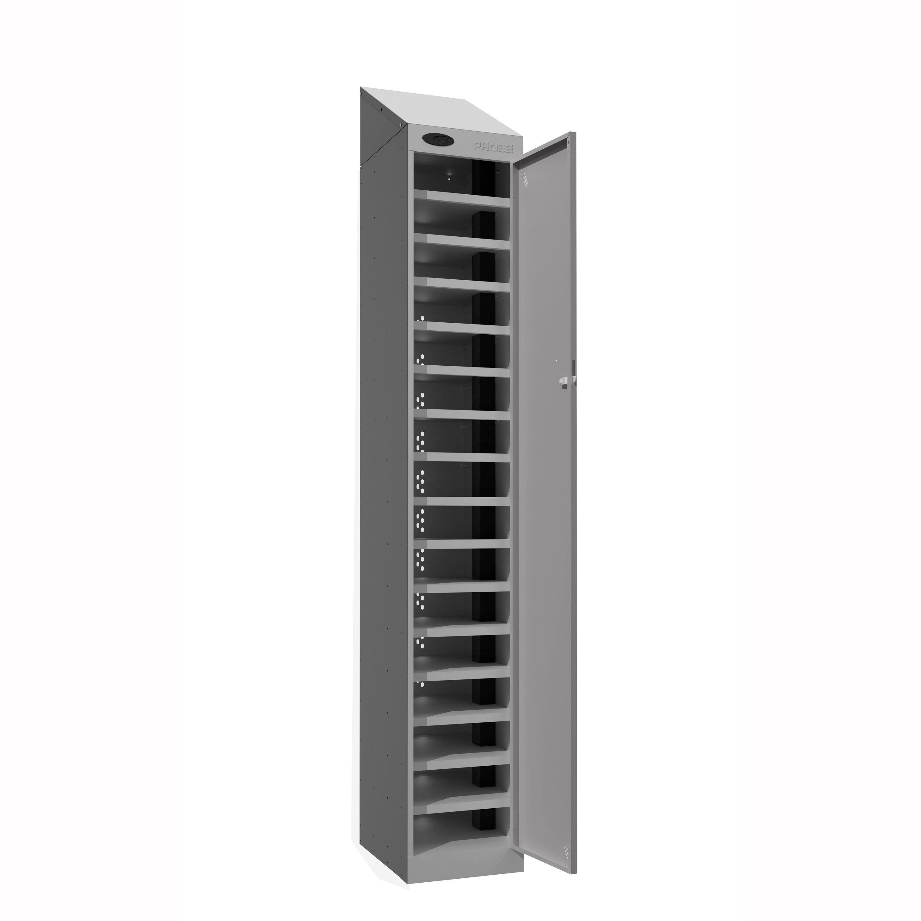 Probe PowerBox Locker — 16 Door, Sloping Top, 3-Pin UK Mains Charging — Silver Carcass / Silver Doors