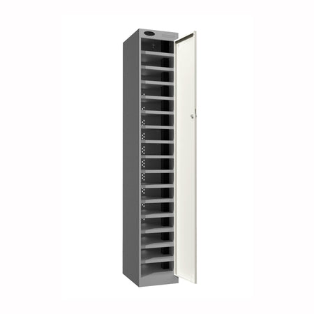 Probe PowerBox Locker — 16 Door, Flat Top, 3-Pin UK Mains Charging — Silver Carcass / White Doors
