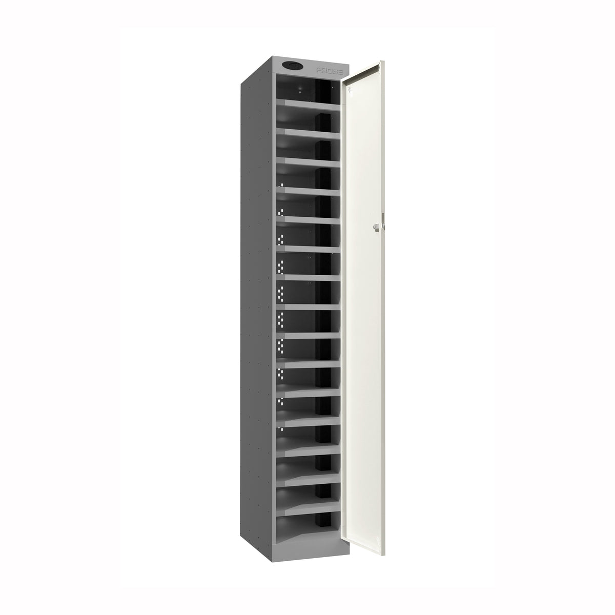 Probe PowerBox Locker — 16 Door, Flat Top, 3-Pin Mains + USB-A + USB-C Charging — Silver Carcass / White Doors