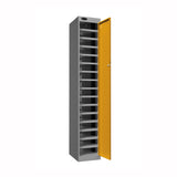 Probe PowerBox Locker — 16 Door, Flat Top, 3-Pin UK Mains Charging — Silver Carcass / Yellow Doors