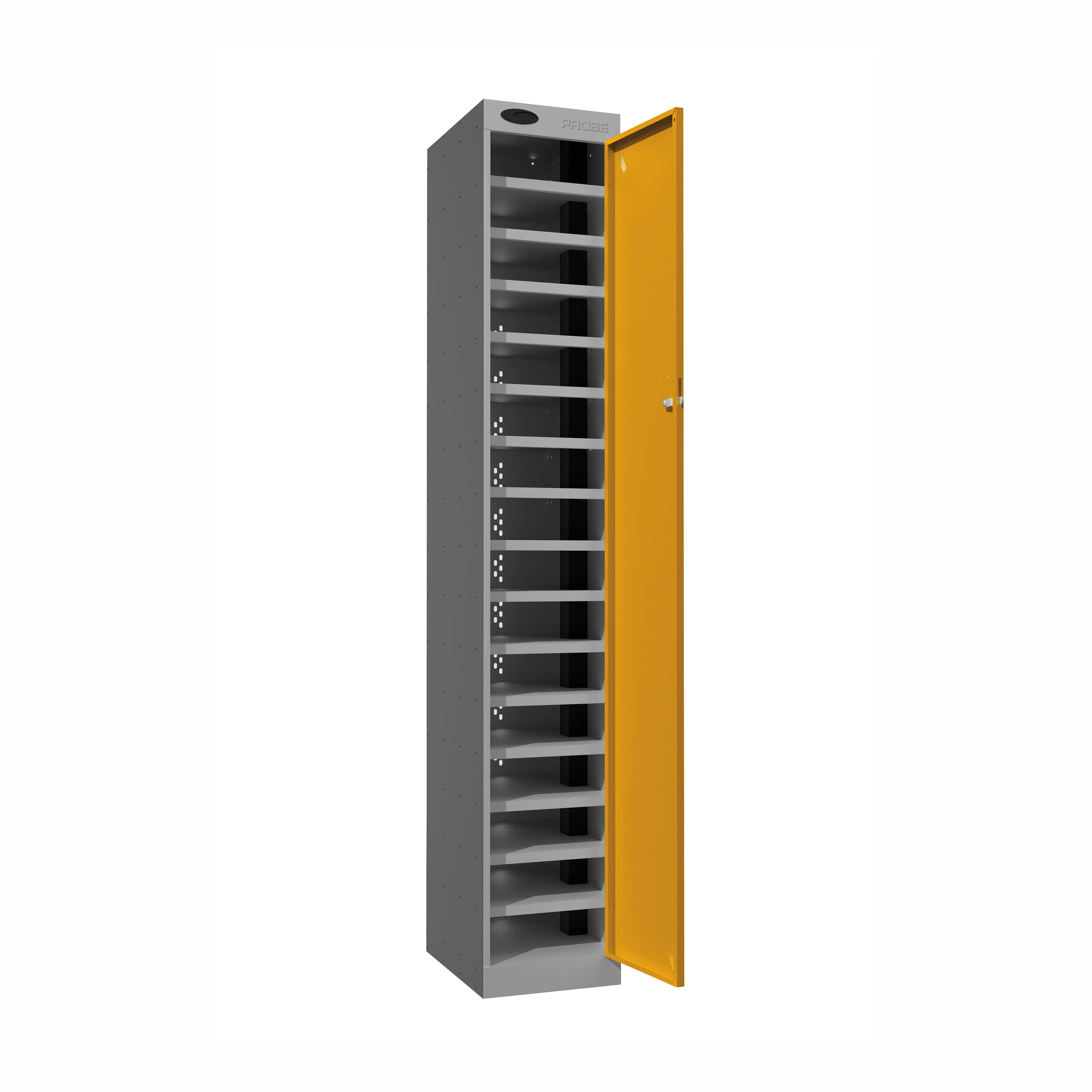 Probe PowerBox Locker — 16 Door, Flat Top, 3-Pin UK Mains Charging — Silver Carcass / Yellow Doors