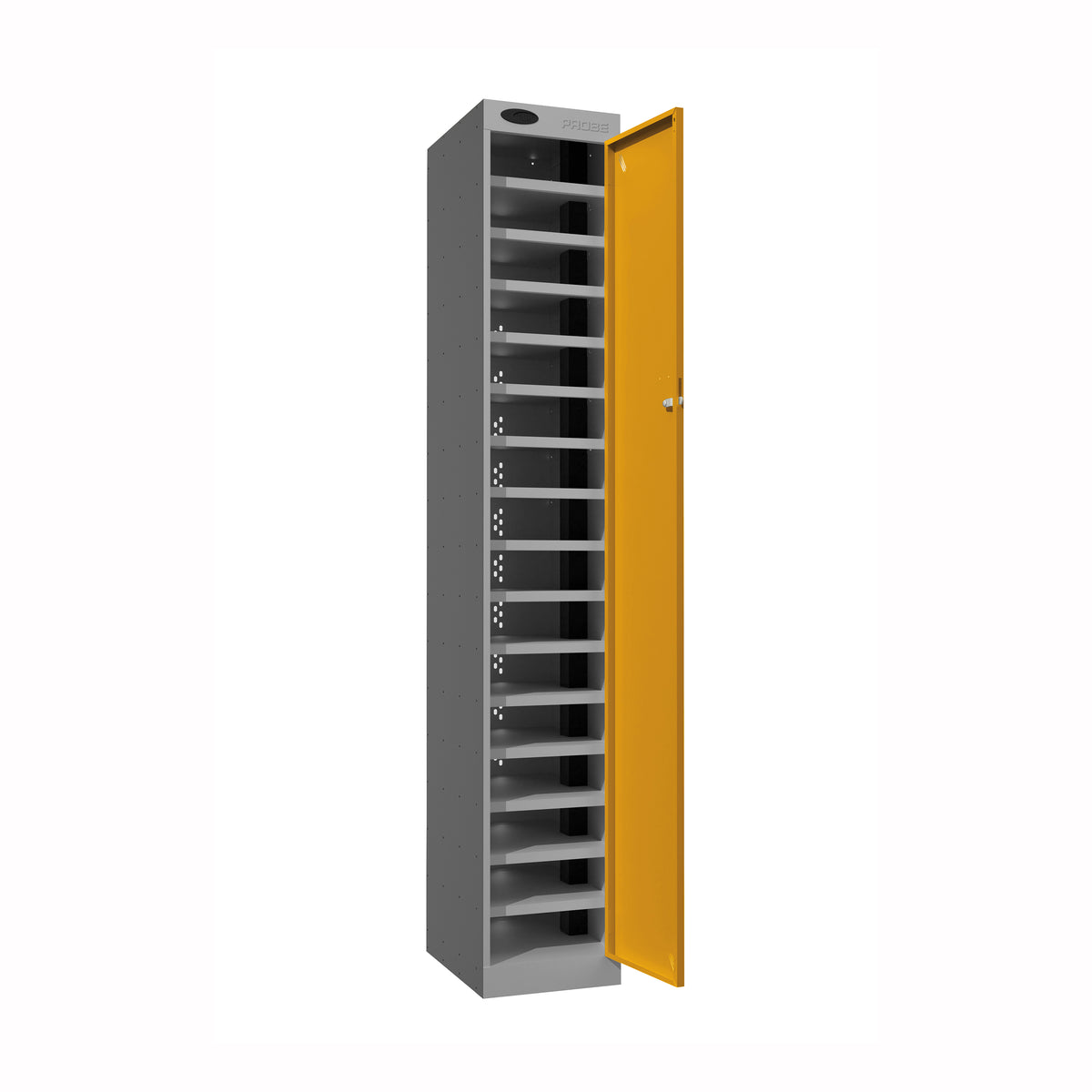Probe PowerBox Locker — 16 Door, Flat Top, 3-Pin Mains + USB-A + USB-C Charging — Silver Carcass / Yellow Doors