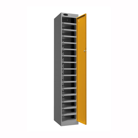 Probe PowerBox Locker — 16 Door, Flat Top, 3-Pin Mains + USB-A + USB-C Charging — Silver Carcass / Yellow Doors