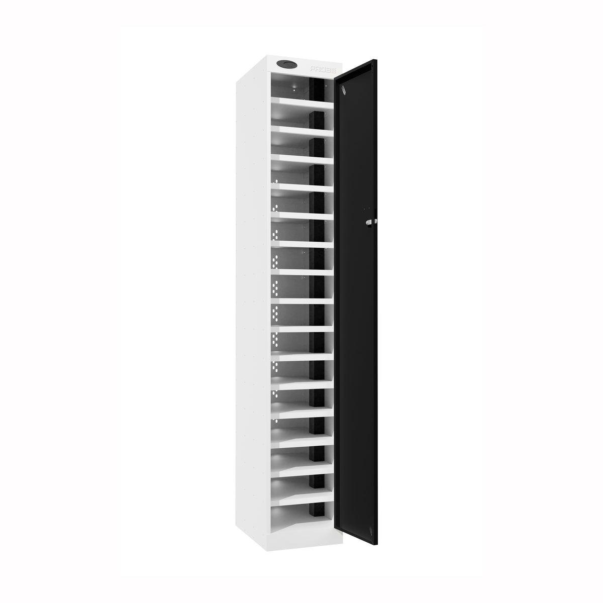 Probe PowerBox Locker — 16 Door, Flat Top, 3-Pin UK Mains Charging — White Carcass / Black Doors