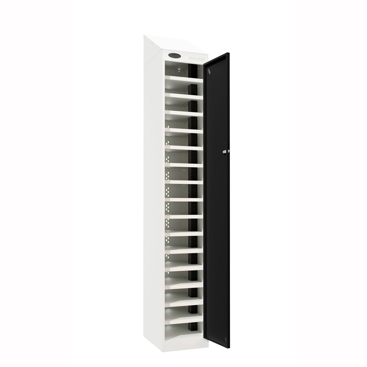 Probe PowerBox Locker — 16 Door, Sloping Top, USB-A + USB-C Charging — White Carcass / Black Doors
