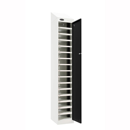 Probe PowerBox Locker — 16 Door, Sloping Top, USB-A + USB-C Charging — White Carcass / Black Doors