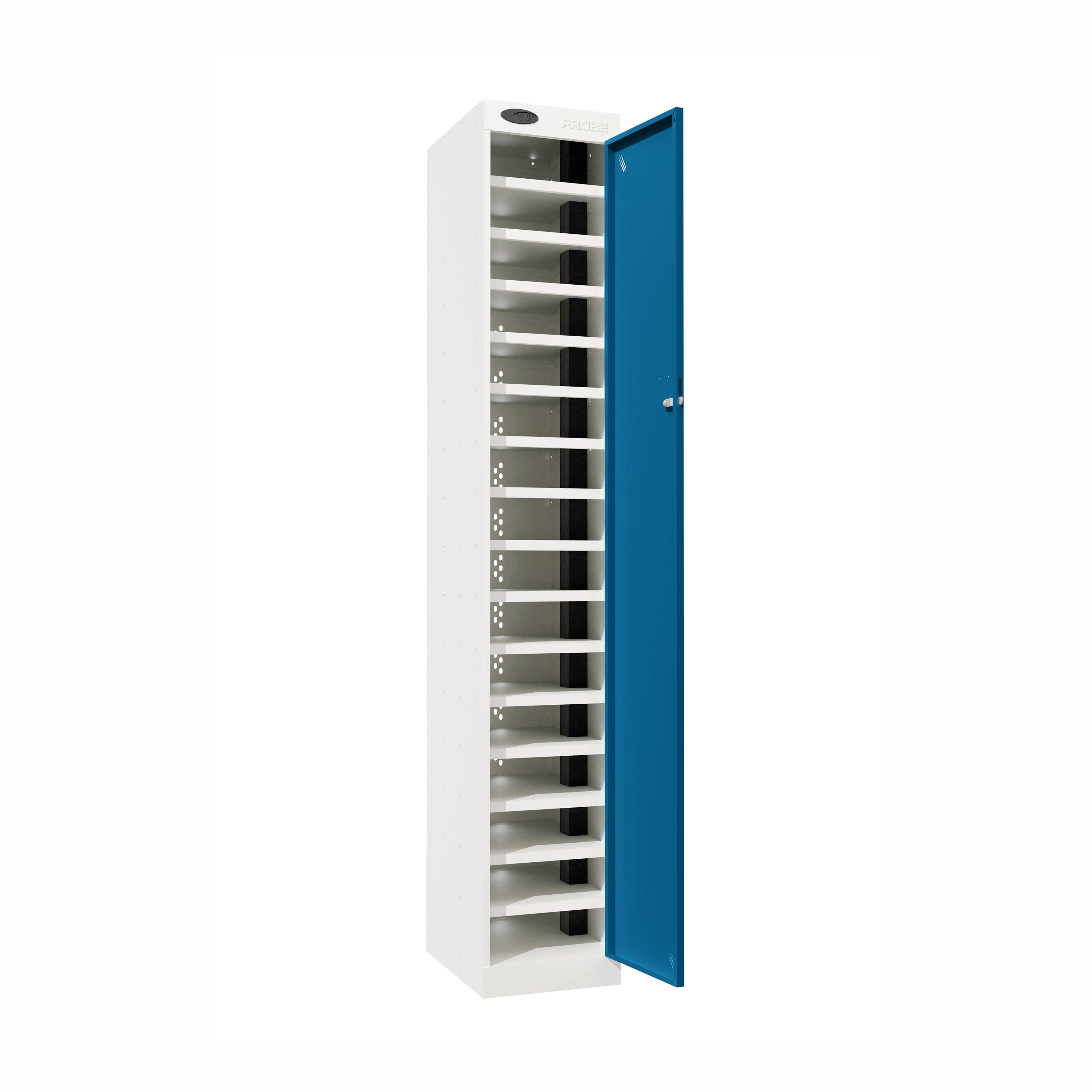 Probe PowerBox Locker — 16 Door, Flat Top, 3-Pin UK Mains Charging — White Carcass / Blue Doors