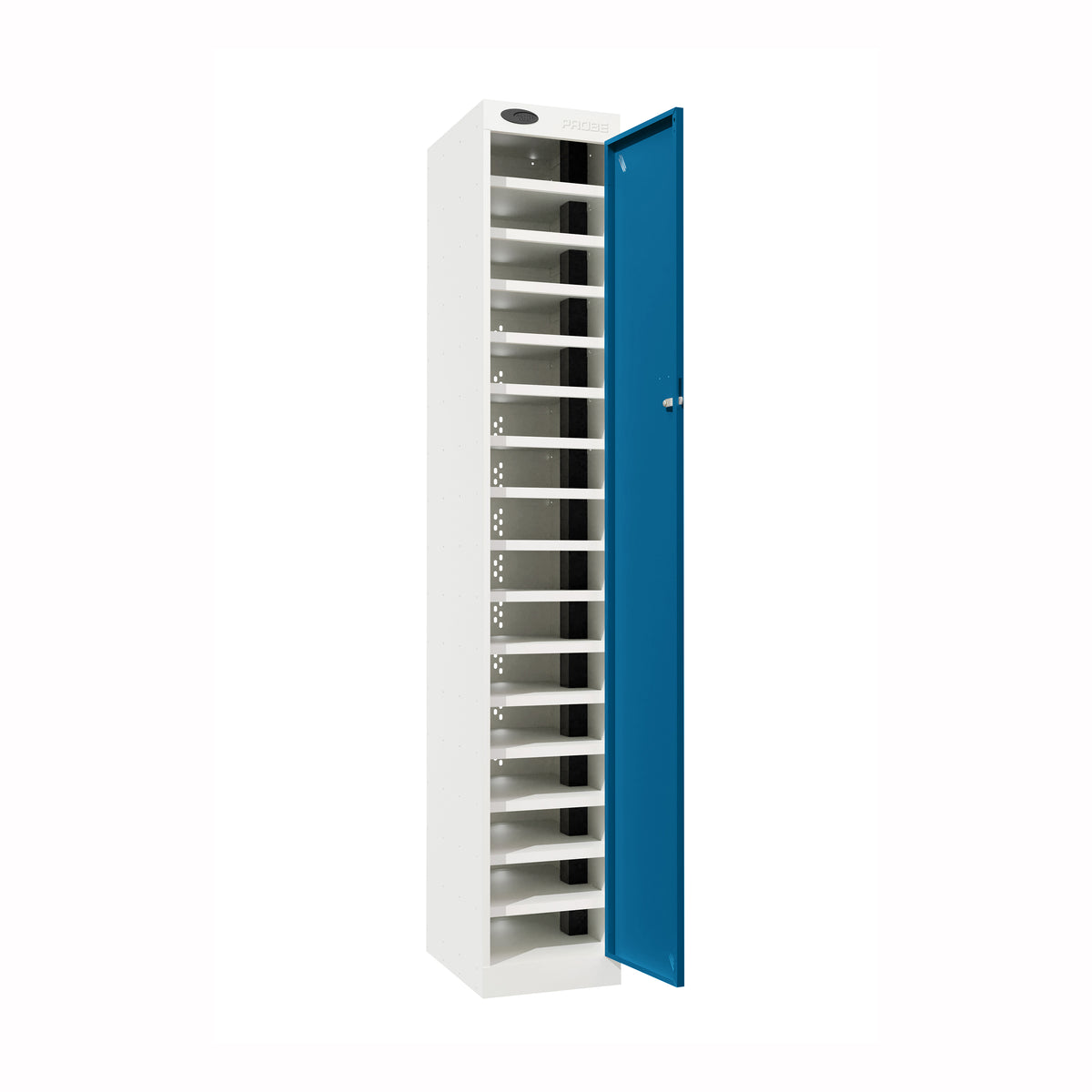 Probe PowerBox Locker — 16 Door, Flat Top, USB-A + USB-C Charging — White Carcass / Blue Doors