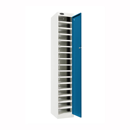 Probe PowerBox Locker — 16 Door, Flat Top, USB-A + USB-C Charging — White Carcass / Blue Doors