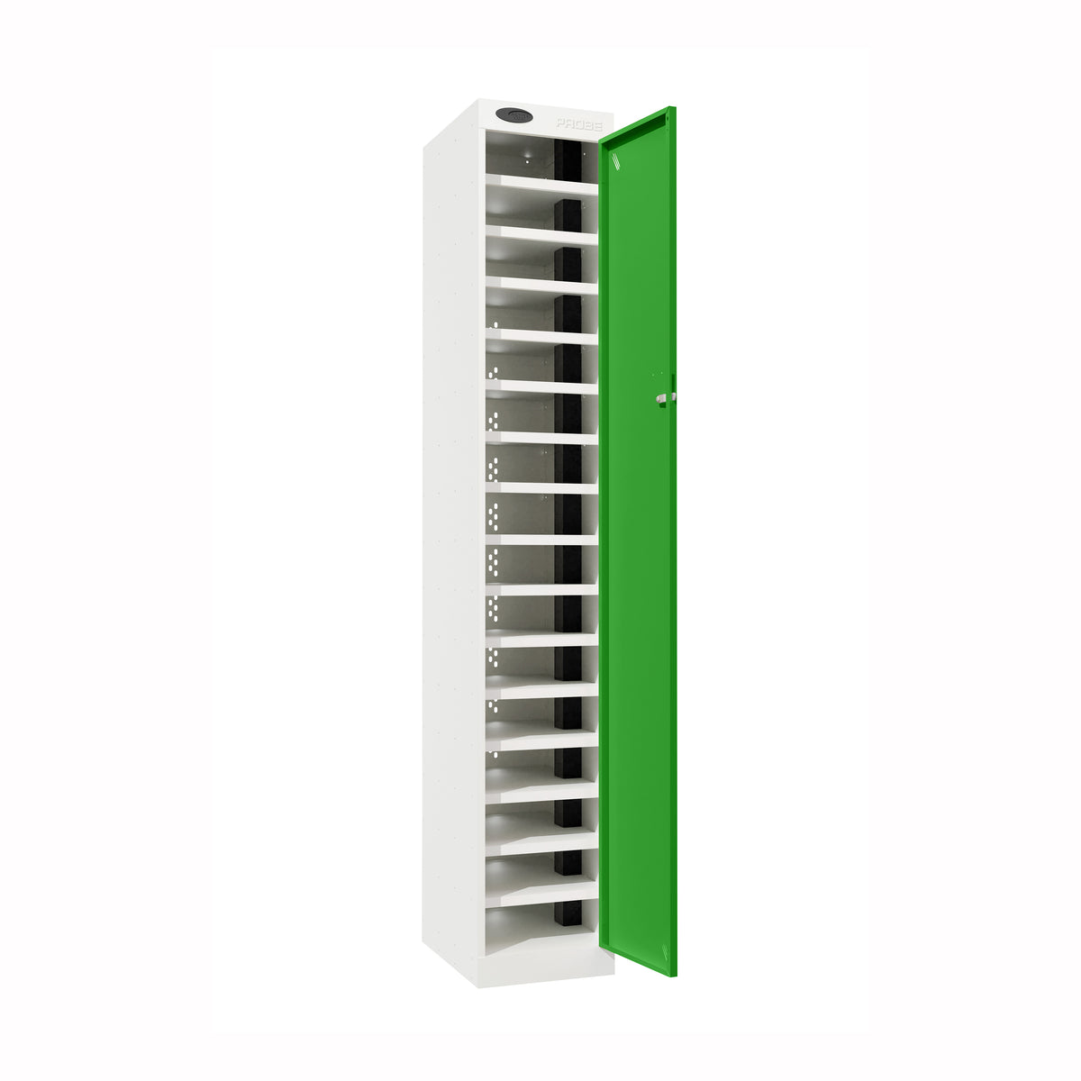 Probe PowerBox Locker — 16 Door, Flat Top, USB-A + USB-C Charging — White Carcass / Green Doors