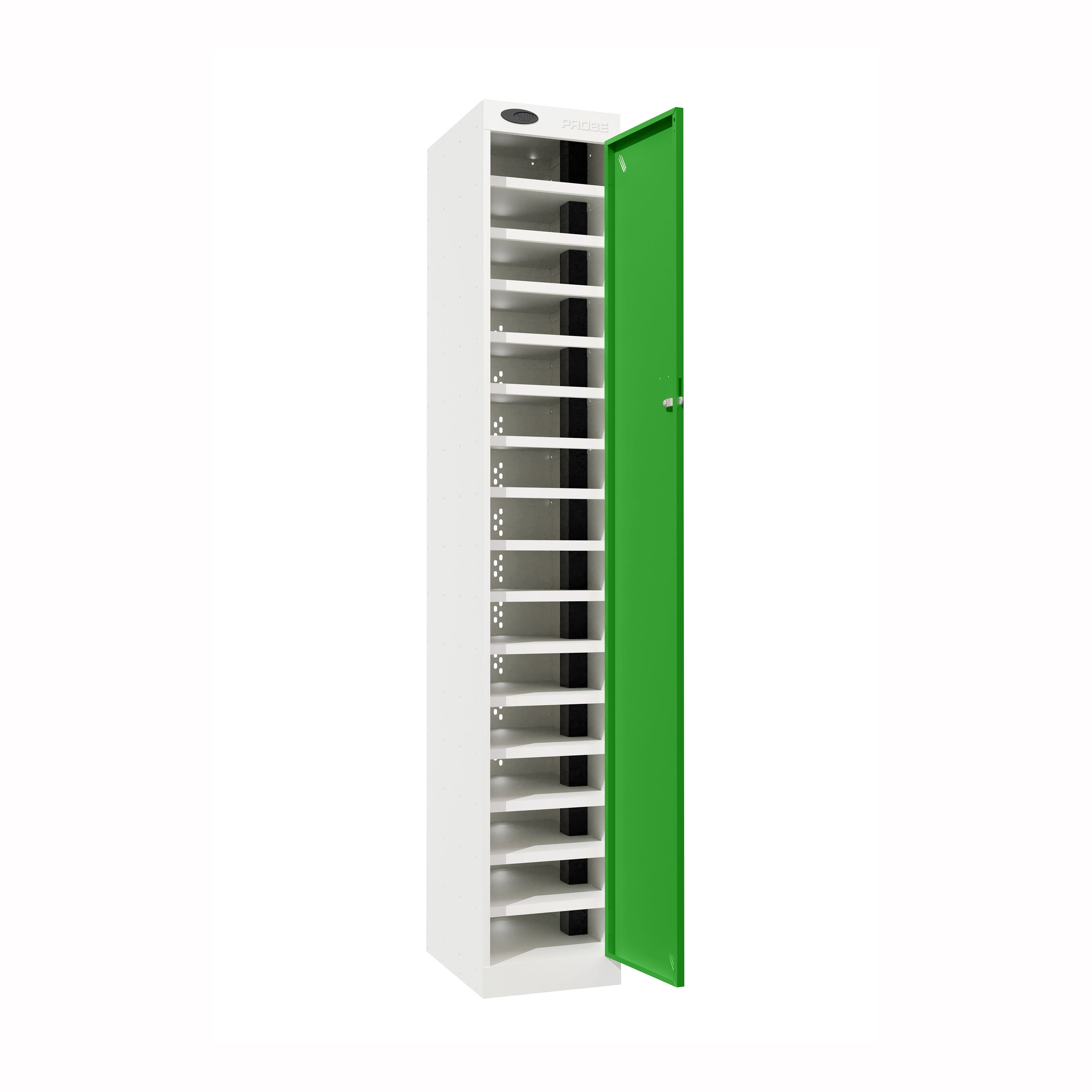Probe PowerBox Locker — 16 Door, Flat Top, USB-A + USB-C Charging — White Carcass / Green Doors