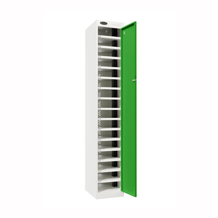 Probe PowerBox Locker — 16 Door, Flat Top, USB-A + USB-C Charging — White Carcass / Green Doors