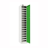 Probe PowerBox Locker — 16 Door, Flat Top, 3-Pin Mains + USB-A + USB-C Charging — White Carcass / Green Doors