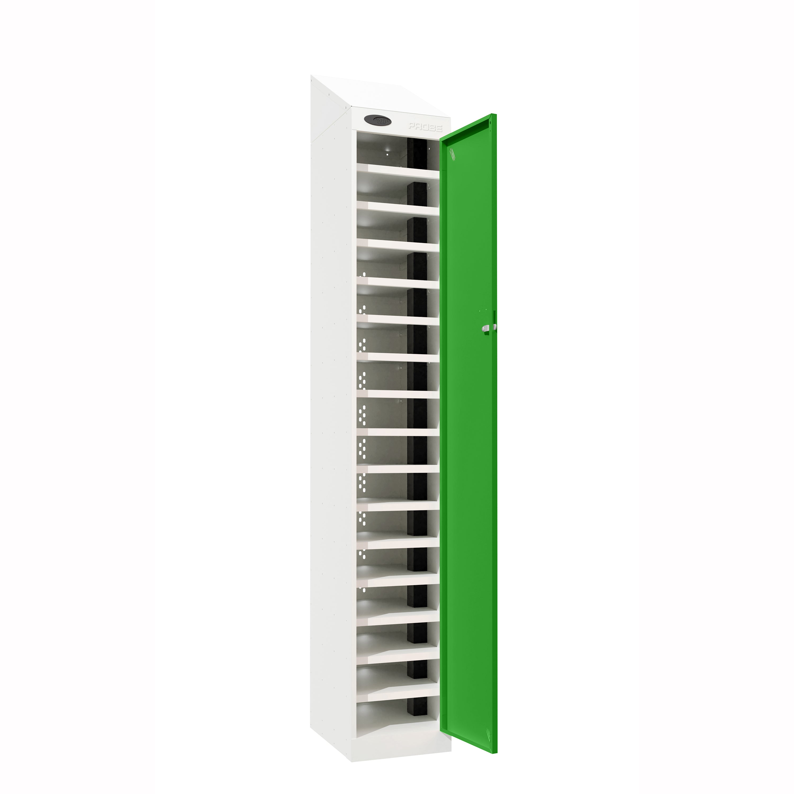 Probe PowerBox Locker — 16 Door, Sloping Top, 3-Pin UK Mains Charging — White Carcass / Green Doors