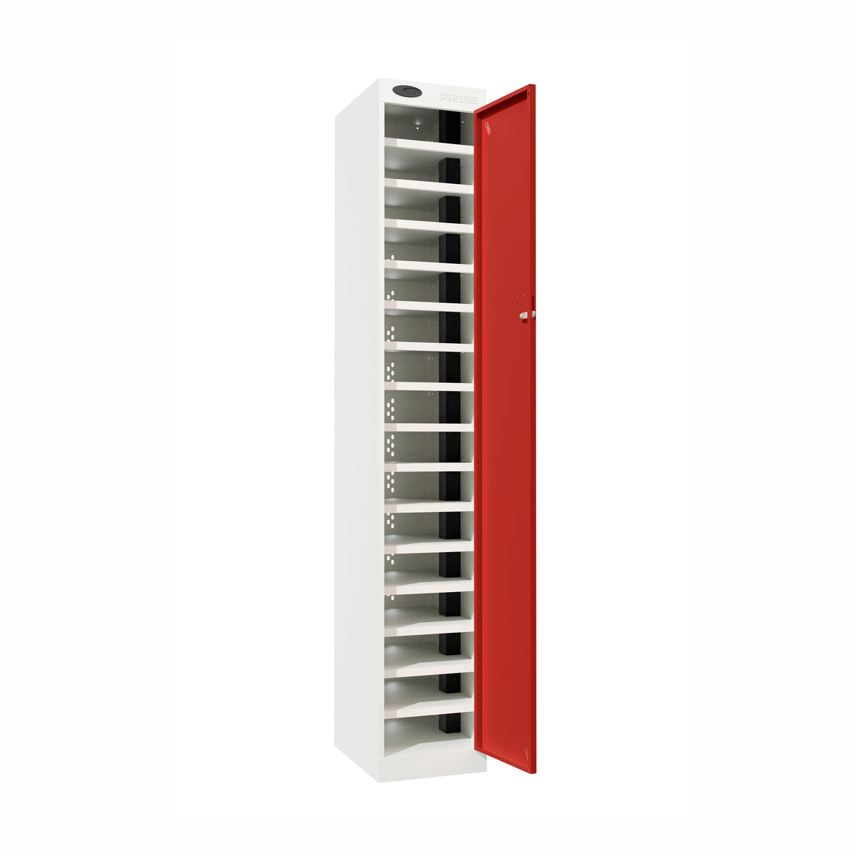 Probe PowerBox Locker — 16 Door, Flat Top, 3-Pin UK Mains Charging — White Carcass / Red Doors