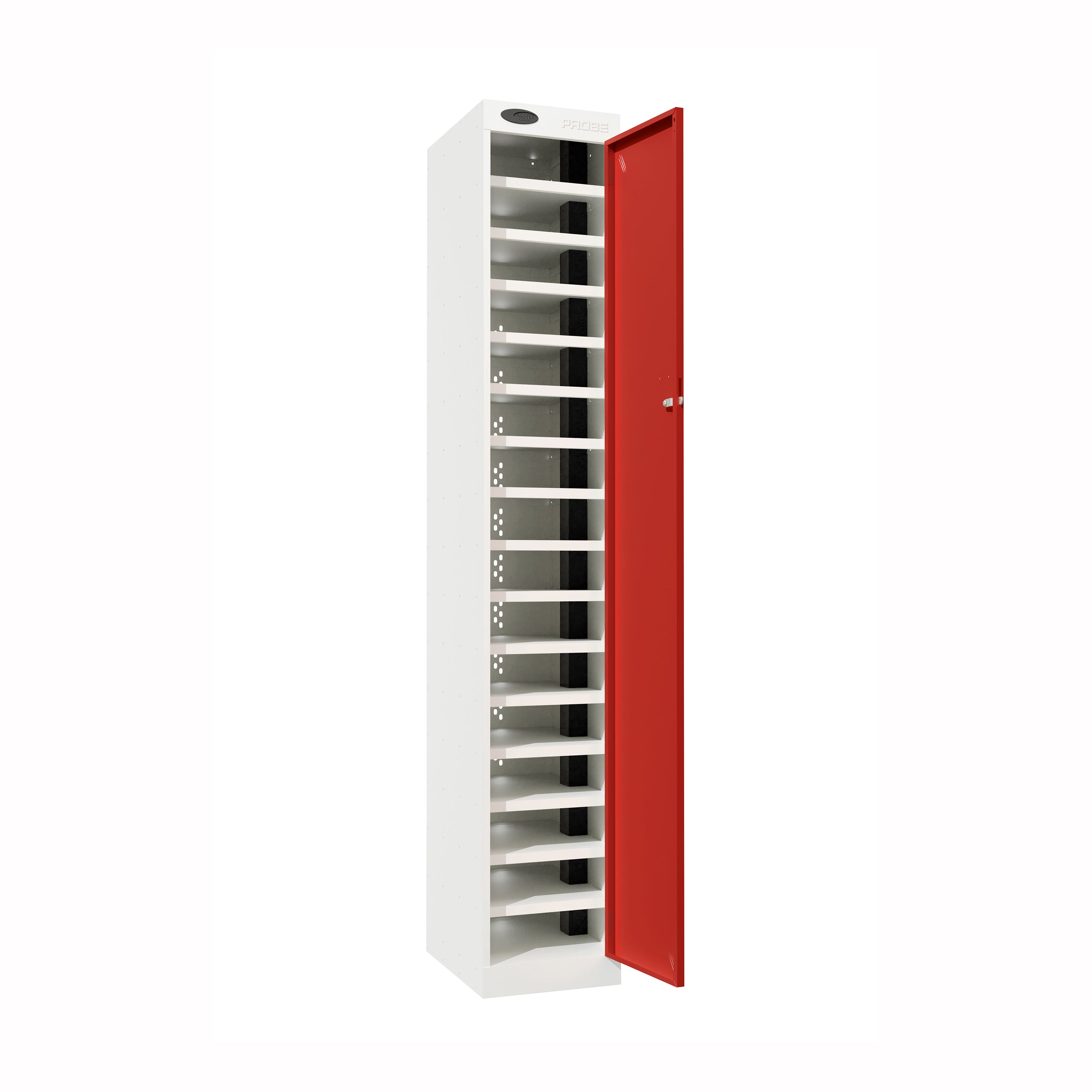 Probe PowerBox Locker — 16 Door, Flat Top, 3-Pin Mains + USB-A + USB-C Charging — White Carcass / Red Doors