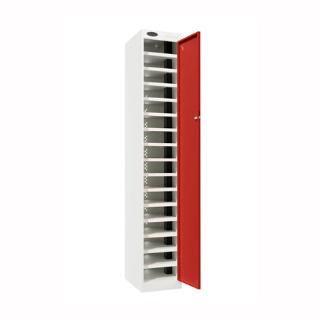 Probe PowerBox Locker — 16 Door, Flat Top, USB-A + USB-C Charging — White Carcass / Red Doors