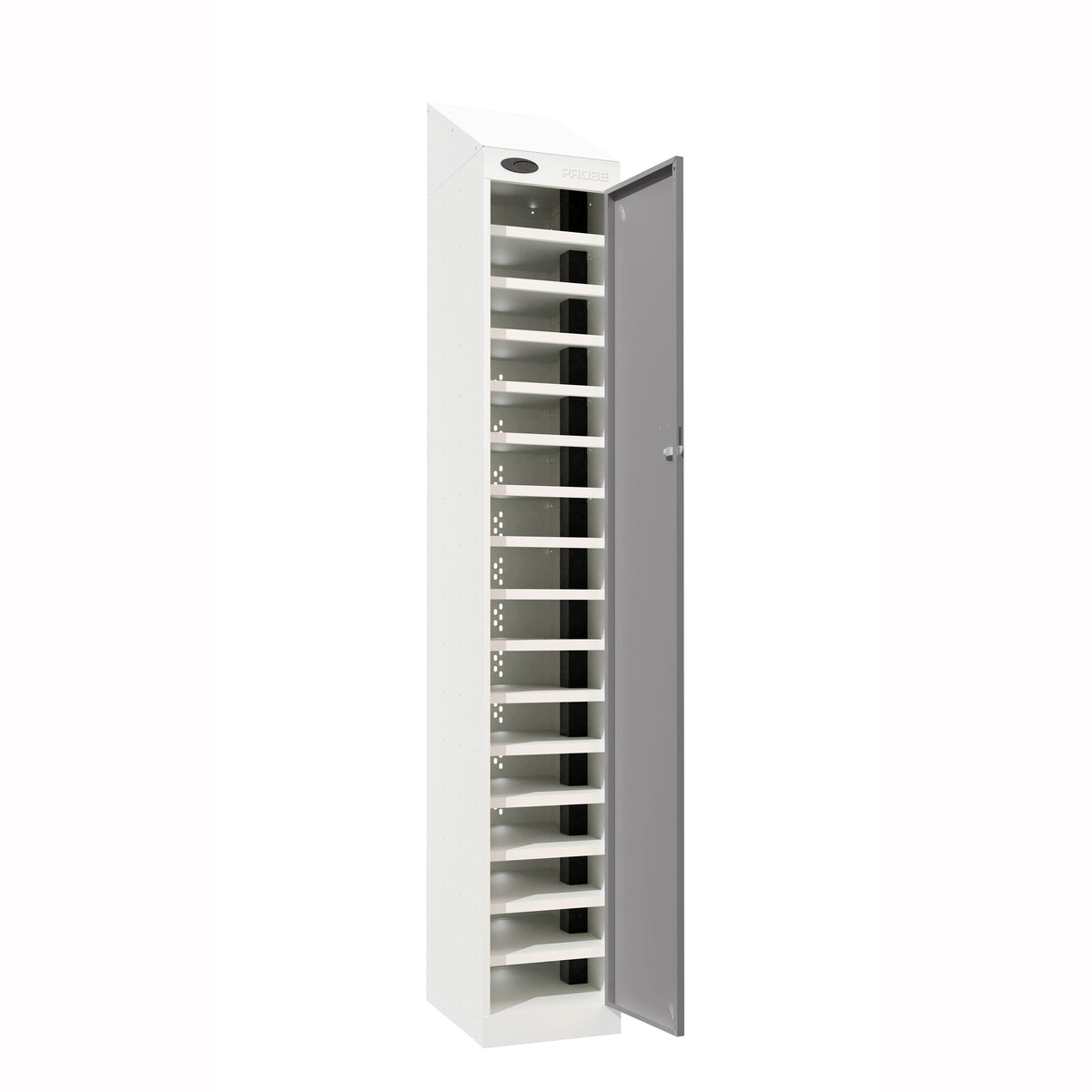 Probe PowerBox Locker — 16 Door, Sloping Top, 3-Pin UK Mains Charging — White Carcass / Silver Doors