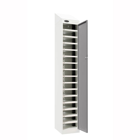 Probe PowerBox Locker — 16 Door, Sloping Top, 3-Pin UK Mains Charging — White Carcass / Silver Doors