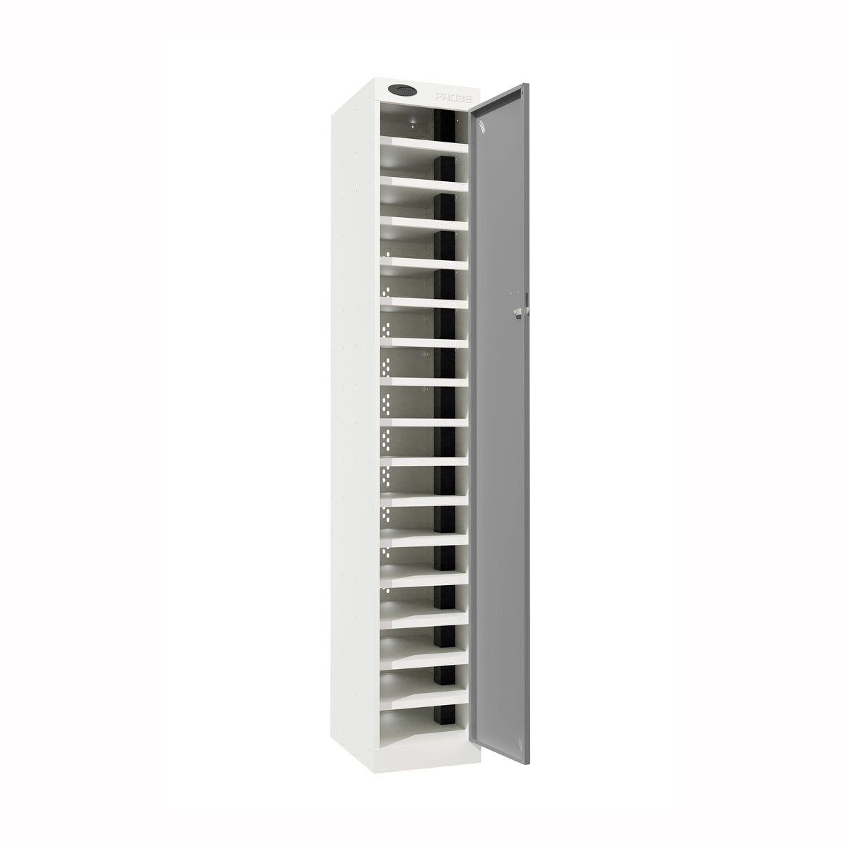 Probe PowerBox Locker — 16 Door, Flat Top, 3-Pin UK Mains Charging — White Carcass / Silver Doors