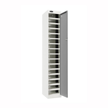 Probe PowerBox Locker — 16 Door, Flat Top, 3-Pin UK Mains Charging — White Carcass / Silver Doors
