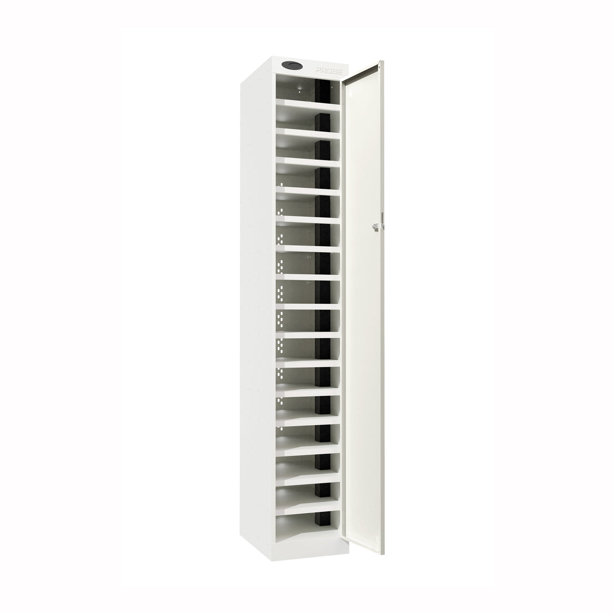 Probe PowerBox Locker — 16 Door, Flat Top, 3-Pin Mains + USB-A + USB-C Charging — White Carcass / White Doors