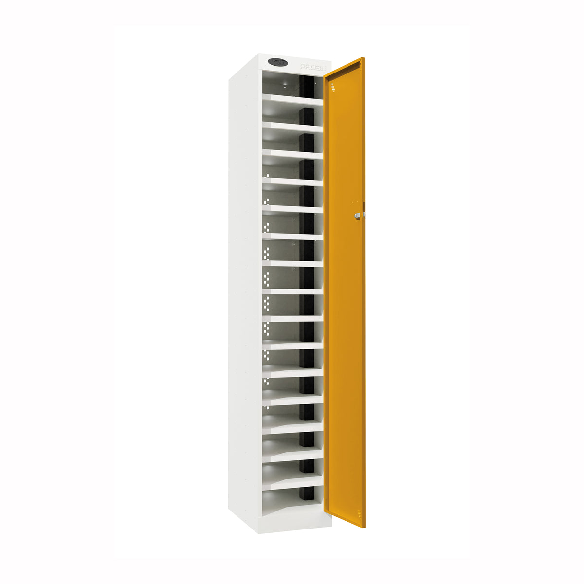 Probe PowerBox Locker — 16 Door, Flat Top, 3-Pin UK Mains Charging — White Carcass / Yellow Doors