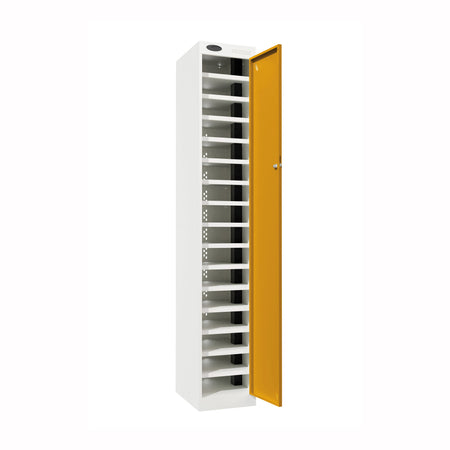 Probe PowerBox Locker — 16 Door, Flat Top, 3-Pin UK Mains Charging — White Carcass / Yellow Doors